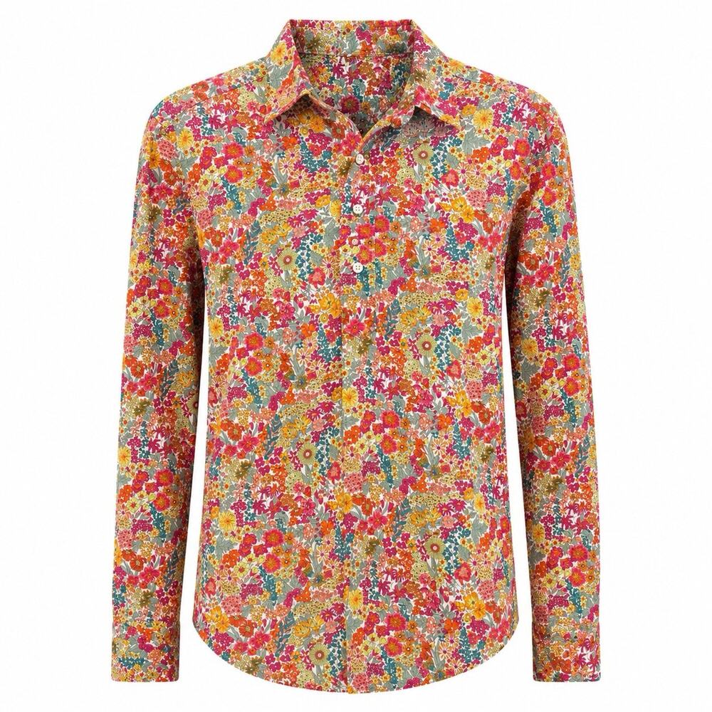 Ann Mashburn Floral Cotton Popover Button Down Top Tunic L USA Made